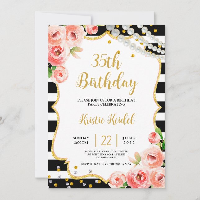 Rose & Perl Anniversaire Fête Invitation (Devant)