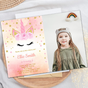 Rose photo Pink Unicorn Invitations d'anniversaire