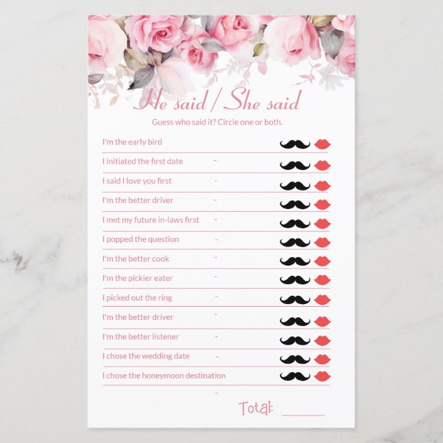 Rose Pink Bridal Shower Game He Said She Said (Devant)