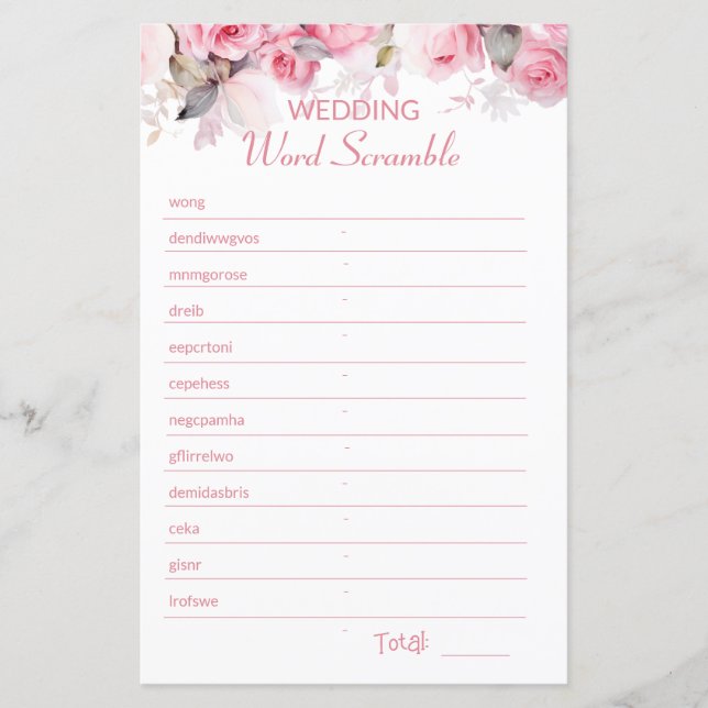 Rose Pink Bridal Shower Word Scramble Game (Devant)