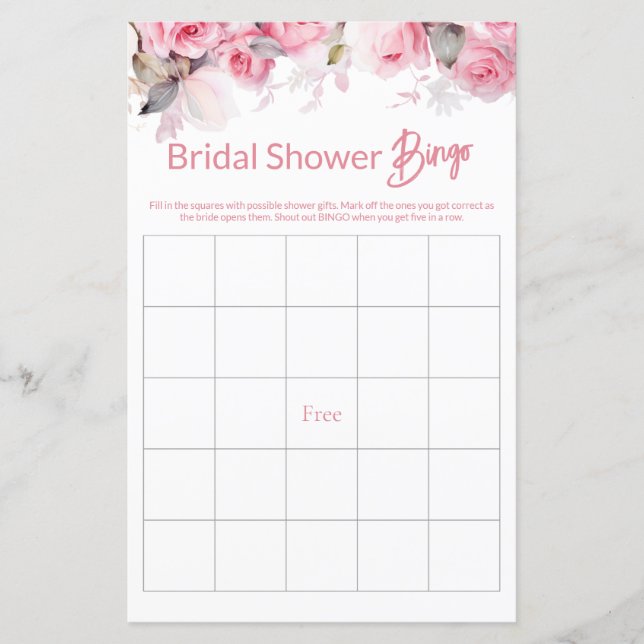 Rose Pink Floral Bridal Shower Game BINGO (Devant)