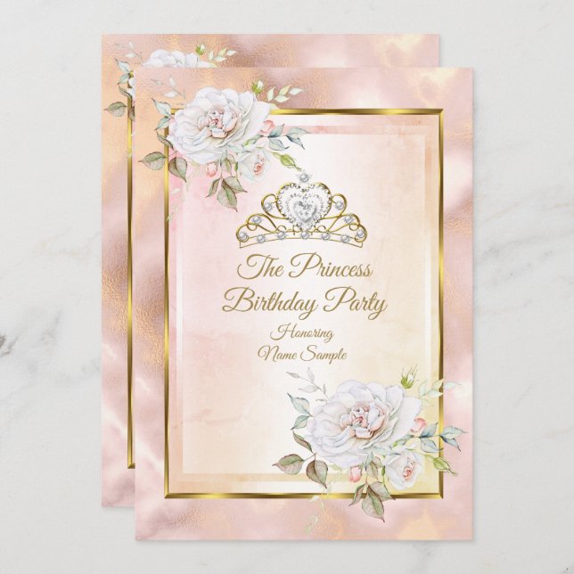 Rose Pink Gold Princess Invitation de fête d'anniv (Devant / Derrière)