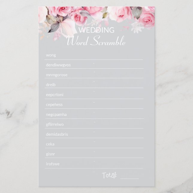 Rose Pink Gray Bridal Shower Word Scramble Game (Devant)