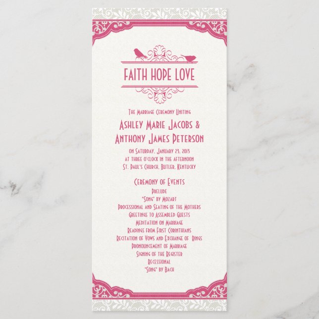 Rose Pink Ivory Lace Birds Programme de mariage (Devant)