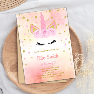Rose Pink Unicorn Invitations Anniversaire