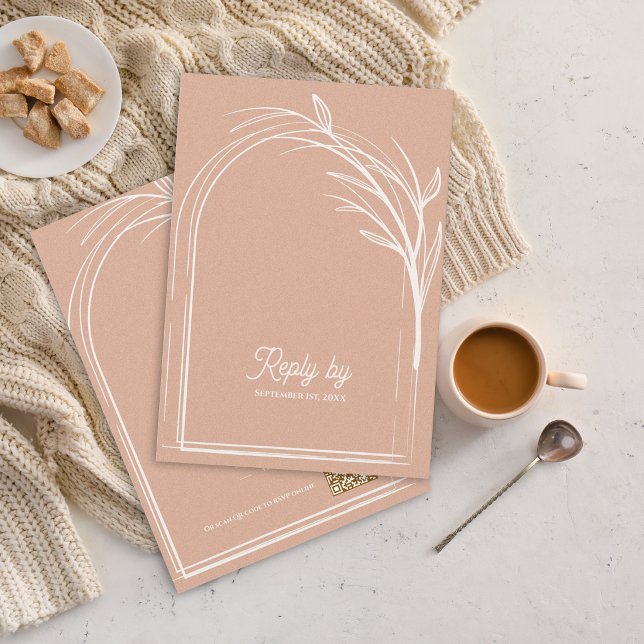 Rose Poussiéreuse Élégante Avec Carte De Réponse D (Dusty Rose Minimalist Arch Botanical Wedding RSVP Card with QR Code | Romantic Wedding Reply Card)