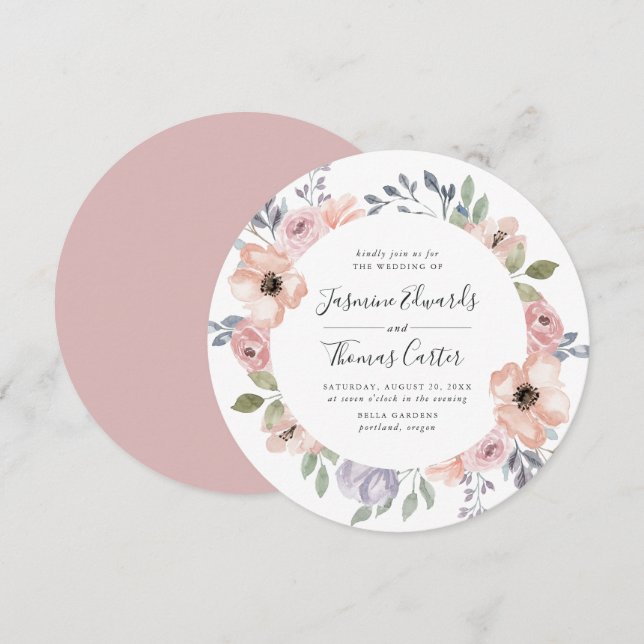 Rose Poussiéreux Fleurs Aquarelle | Faire-Part de  (Devant / Derrière)