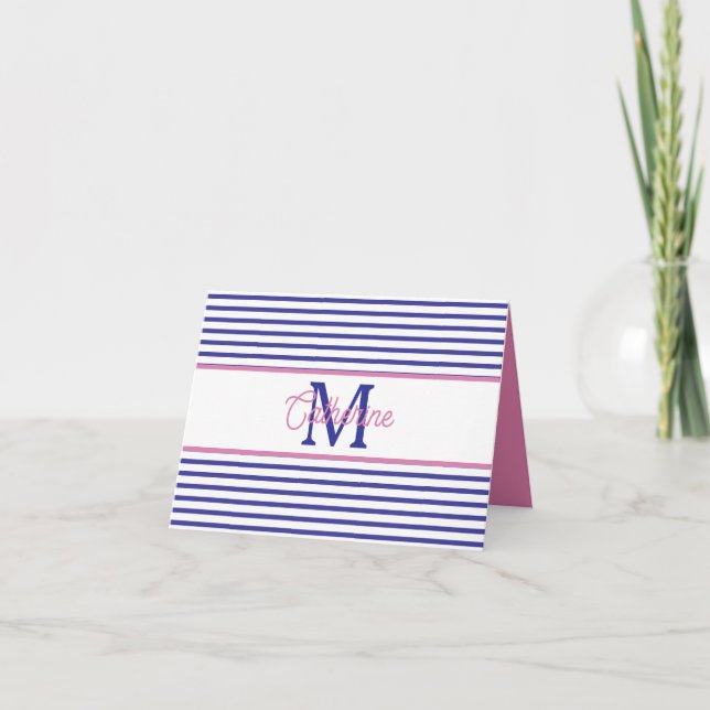 Rose Prépa et Rayure Bleu Marine Simple Monogramme (Devant)