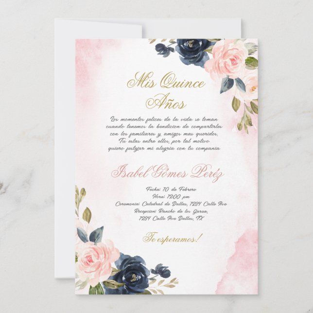 Rose Quinceanera invitation en espagnol (Devant)