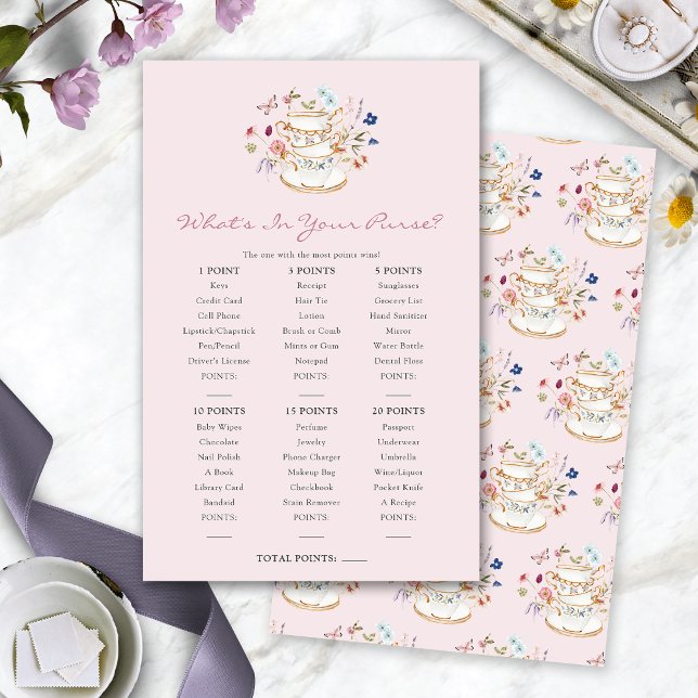 Rose Qu'y a-t-il dans votre sac à main Jeu (Pink Tea Party Wedding Shower What's In Your Purse Game by Painted Paperie
)