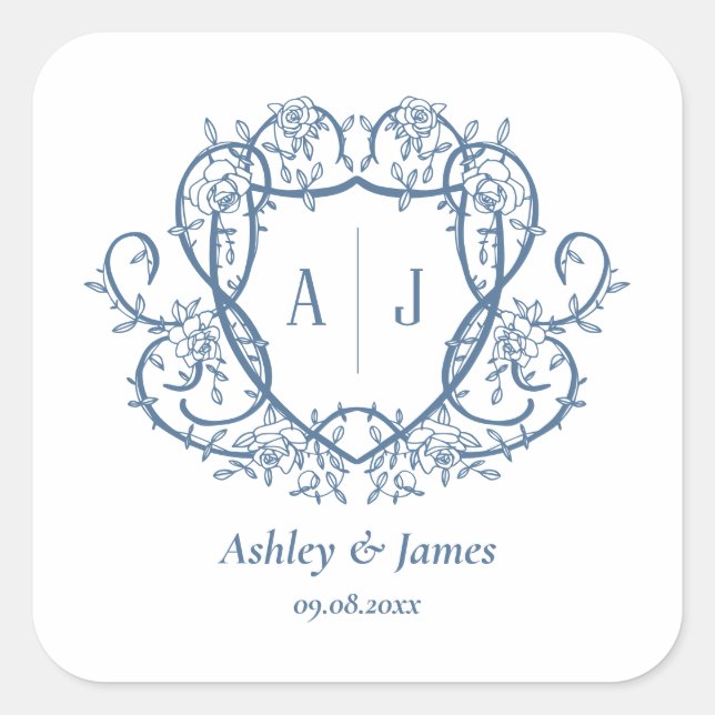 Rose rampante Autocollant Bleu Acier Monogramme Co (Devant)
