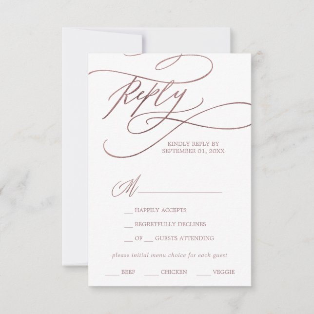 Rose romantique Gold Calligraphie Menu Choix RSVP (Devant)