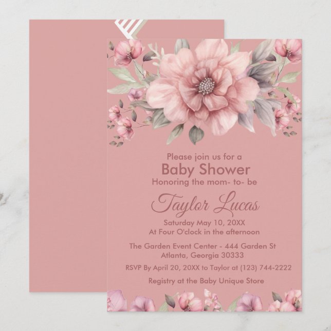 Rose rose avec Baby shower vert Invitation (Devant / Derrière)