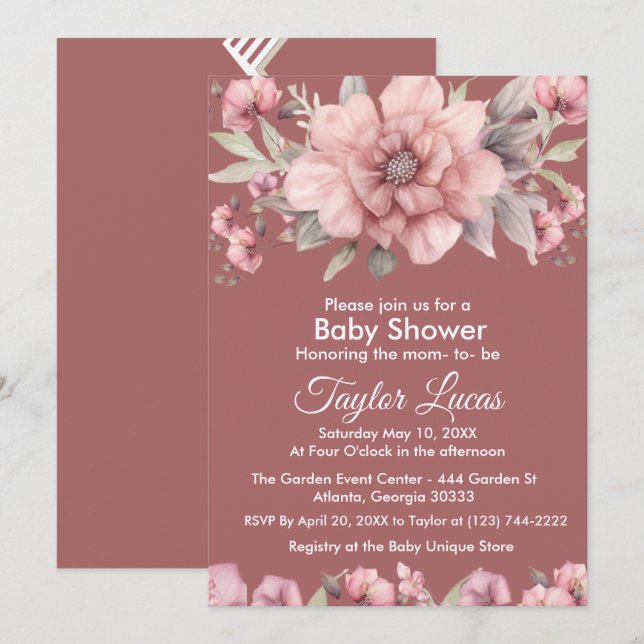 Rose rose avec Baby shower vert Invitation (Devant / Derrière)