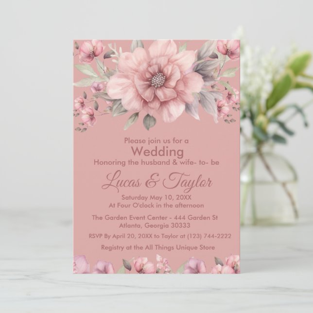 Rose rose avec Faire-part de mariage verdoyante (Debout devant)