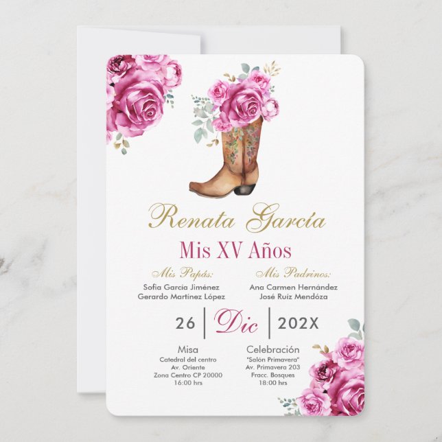 Rose rose avec invitation de Quinceañera de botte  (Devant)