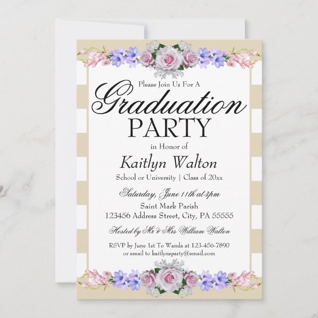 Rose Rose Beige Stripe Graduation Party Invitation (Devant)