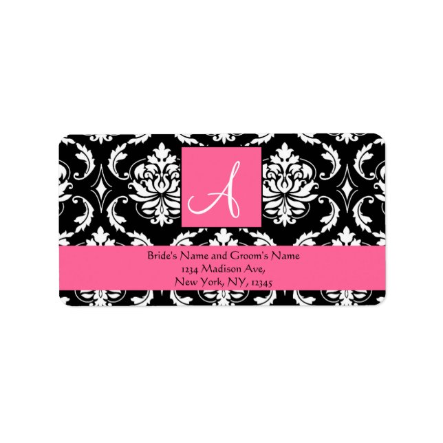 Rose rose Damask Monogramme Mariage Étiquettes de  (Devant)