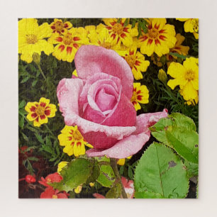 Rose rose et Fleurs Jaunes Puzzle