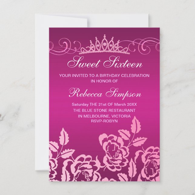 Rose rose et Tiara Invitation d'anniversaire (Devant)