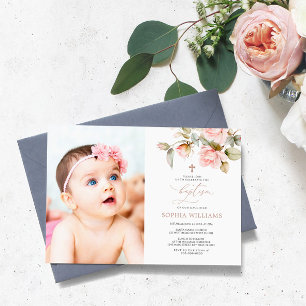 Rose rose et verdure Photo Baptême Invitation