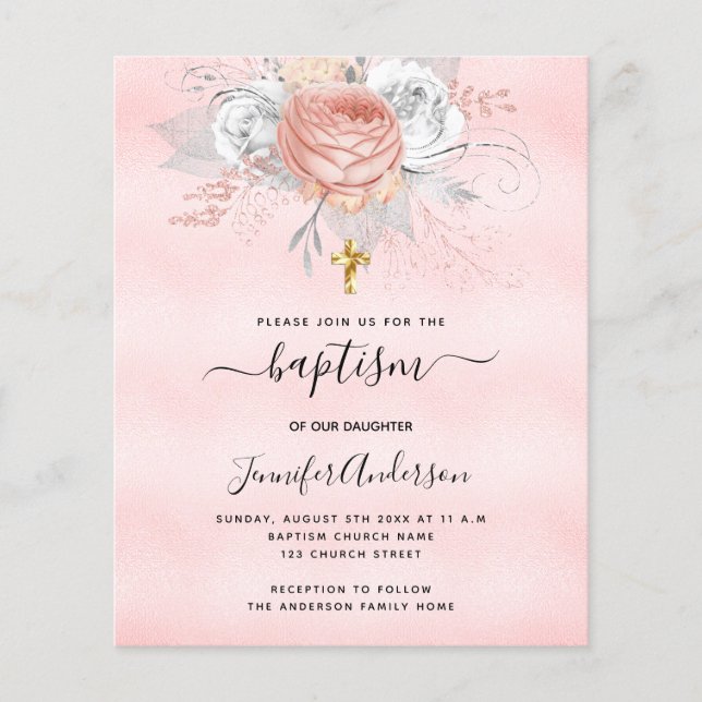 Rose rose fleurs fille budget baptême invitation (Devant)