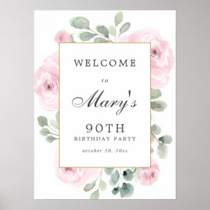 Rose rose Floral 90e Affiche de bienvenue d'annive