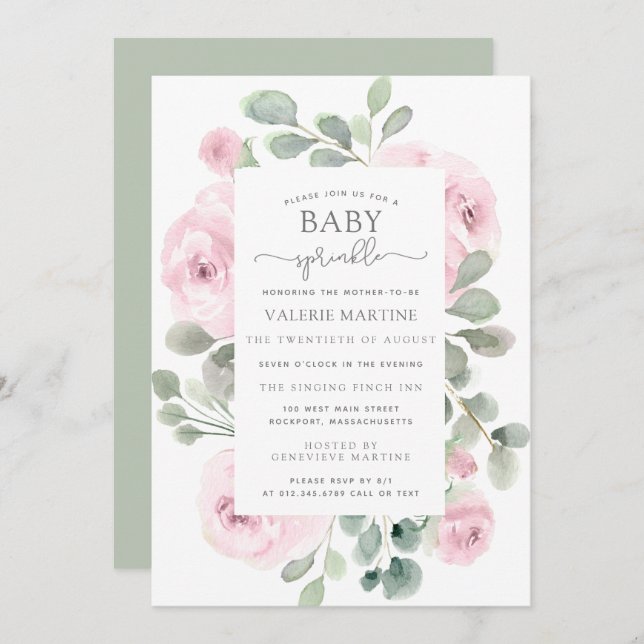 Rose rose Floral Baby Sprinkl Invitation (Devant / Derrière)