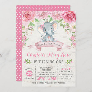 Rose rose Floral Eléphant Invitation de fête d'ann