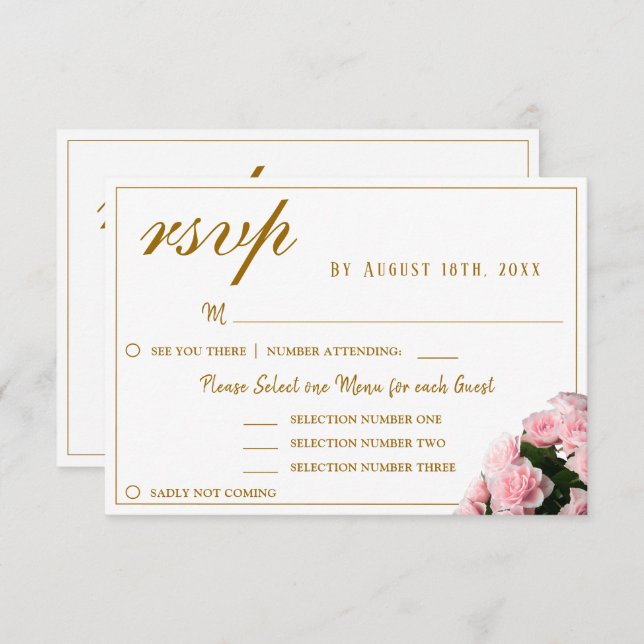 Rose Rose Floral Mariage Menu Choix Carte RSVP (Devant / Derrière)