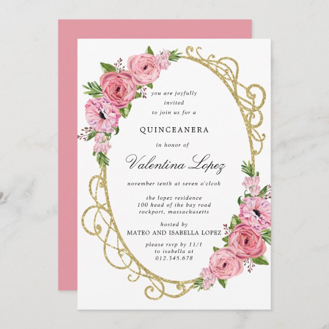 Rose Rose Floral or Quinceanera Invitation (Devant / Derrière)