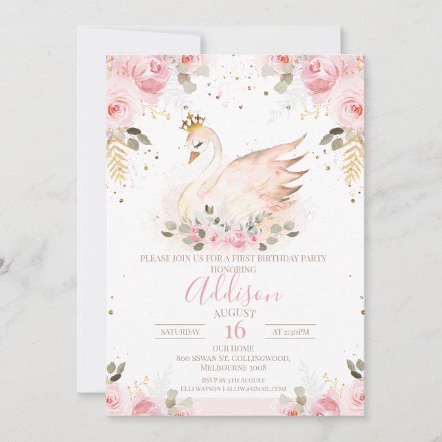 Rose rose Floral Princess Swan Invitation Annivers (Devant)