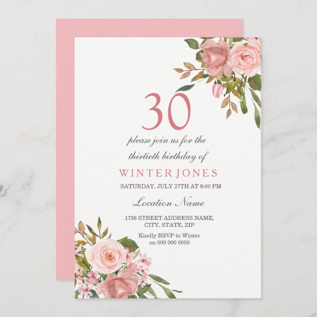 Rose Rose Gold Flowers 30e anniversaire Invitation (Devant / Derrière)