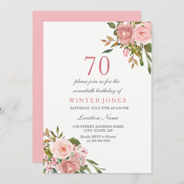 Rose Rose Gold Flowers 70e anniversaire Invitation (Devant / Derrière)