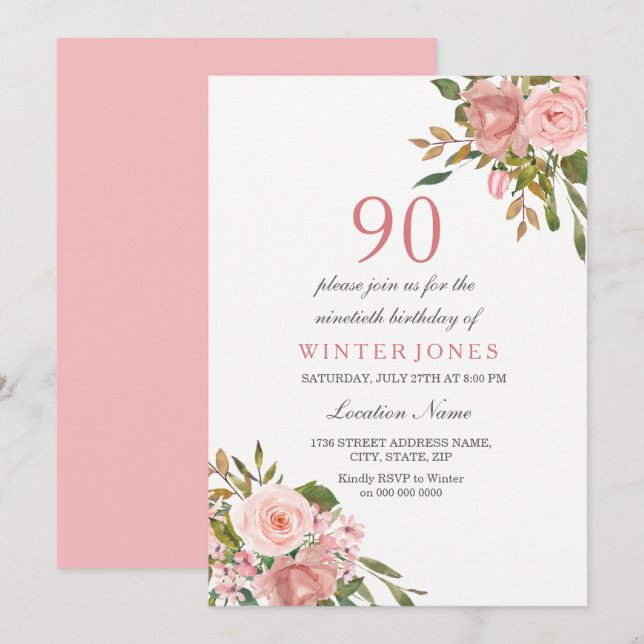 Rose Rose Gold Flowers 90e anniversaire Invitation (Devant / Derrière)