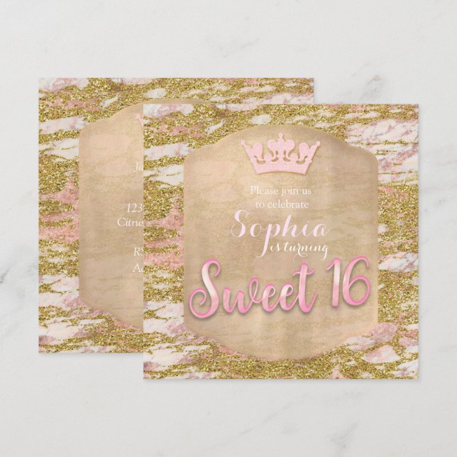 Rose Rose Gold Princesse SWEET 16 Party Invitation (Devant / Derrière)