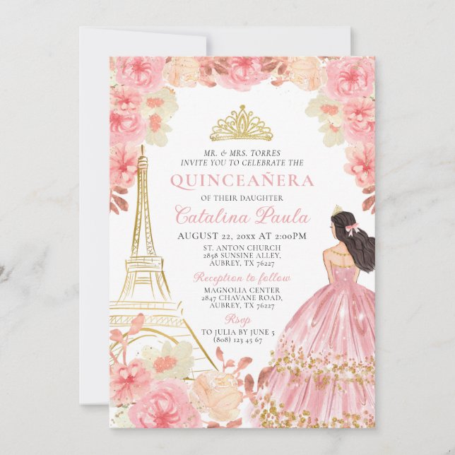 Rose Rose Gold Tiara Paris Quinceañera Invitation (Devant)
