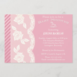 Rose rose, invitation floral en ivoire de baby