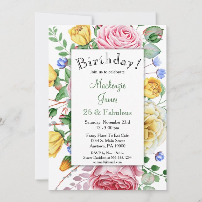 Rose rose jaune Floral Invitation d'anniversaire (Devant)
