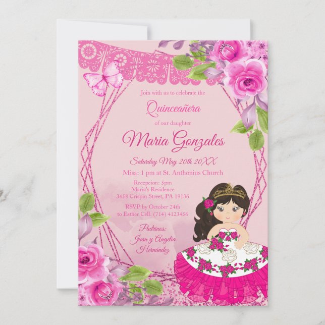 Rose rose mexicaine Charra Quinceanera Invitation (Devant)