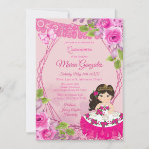 Rose rose mexicaine Charra Quinceanera Invitation