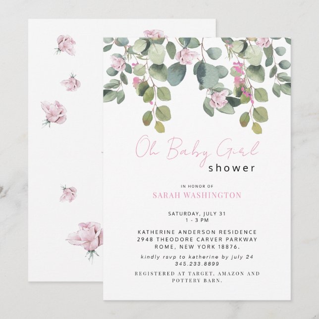Rose Rose Oh Baby Girl Douche Invitation (Devant / Derrière)