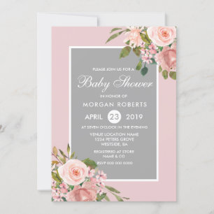 Rose Rose Or Fleurs Gris Baby shower Invitation