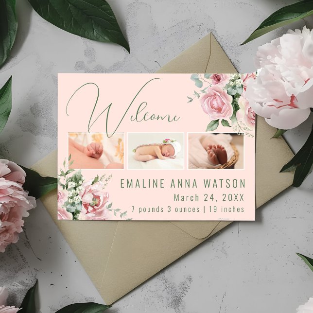 Rose rose photo Baby Girl Faire-part carte postale (Baby Girl photo watercolor floral baby girl birth announcement)