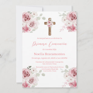 Rose rose première communion invitation en espagno
