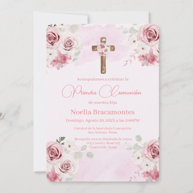 Rose rose première communion invitation en espagno (Devant)