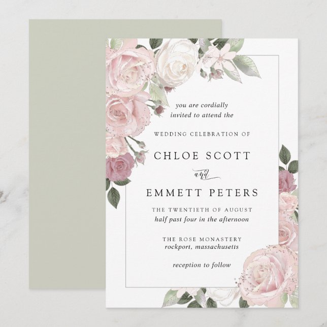 Rose rose rousse Rustique Floral Faire-part de mar (Devant / Derrière)