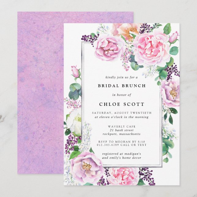 Rose rose violet Floral Bridal Brunch Invitation (Devant / Derrière)