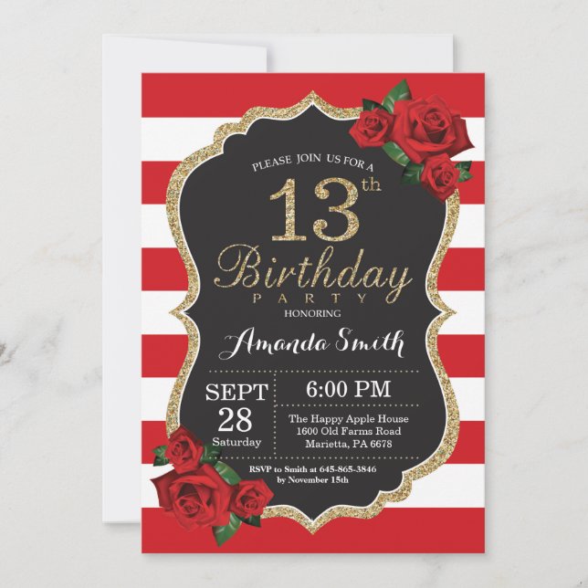 Rose rouge 13e anniversaire Invitation Parties sci (Devant)