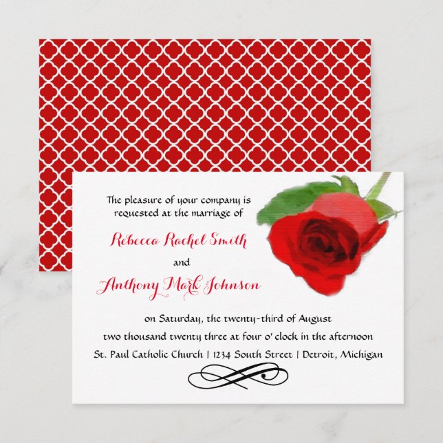Rose Rouge Aquarelle - Faire-Part de Mariage 3x5 (Devant / Derrière)